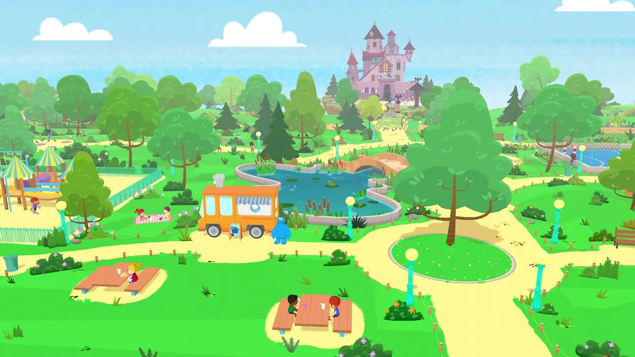 Esplorazione del quartiere e delle aree verdi di Sesame Street.